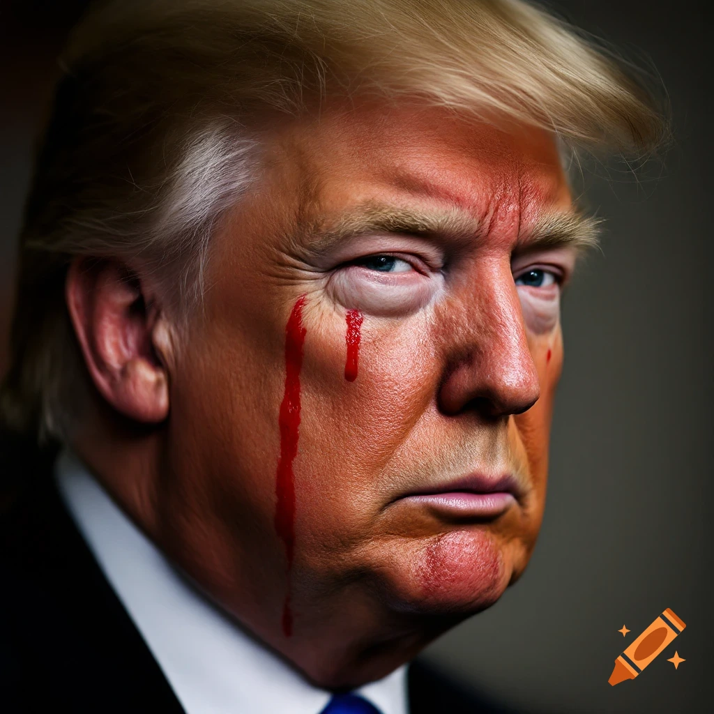 Close-up photorealistic portrait of Donald Trump with red streaks below his eyes.