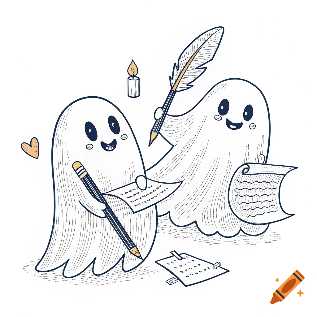 A line drawing of two cartoon ghosts writing with a pencil and a feather quill on paper.