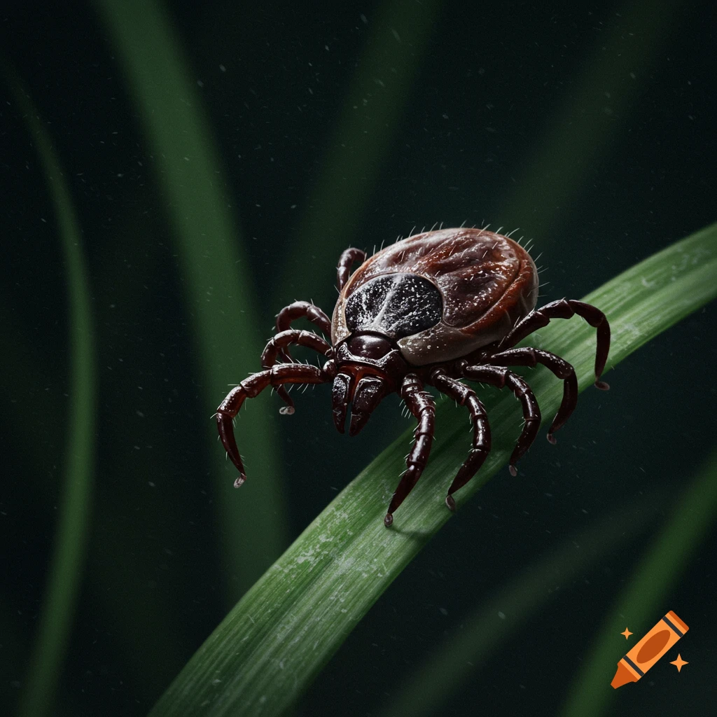 A close-up macro view of a brown tick on a green blade of grass.