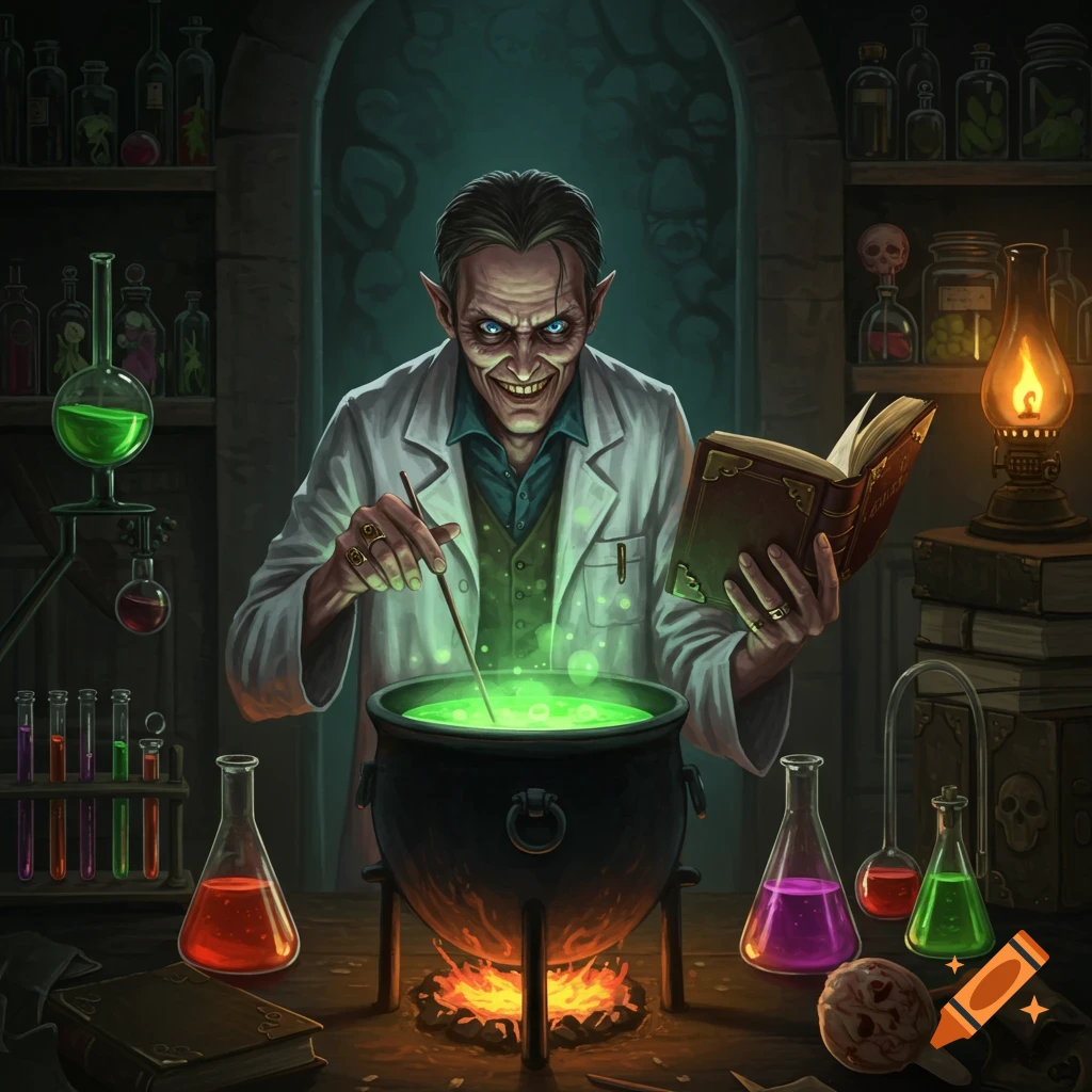 An evil man in a laboratory stirring a green potion in a cauldron while reading a book.