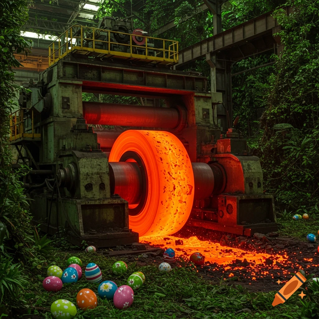 A hot steel coil is processed in a rolling mill set within a jungle, with Easter eggs scattered on the ground.