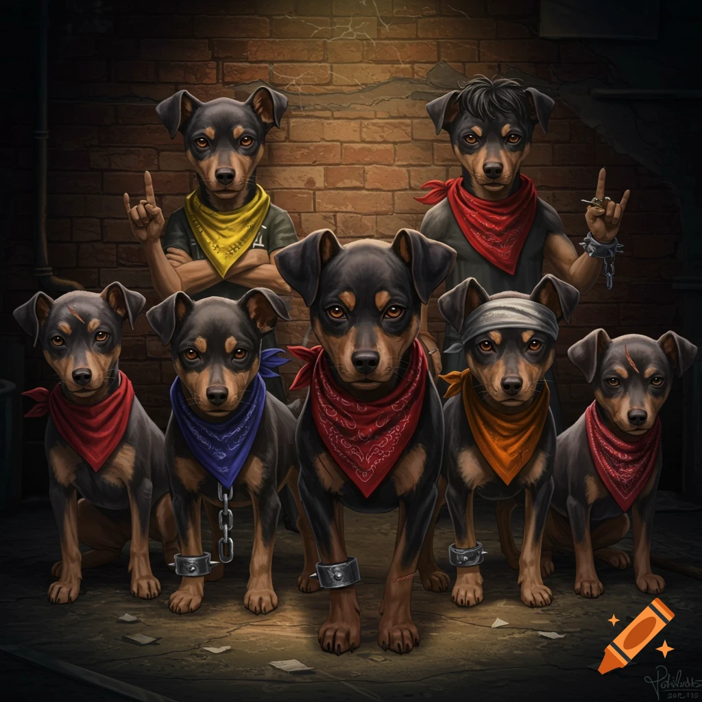 Seven dogs dressed in bandanas posing like a tough gang in an alley.