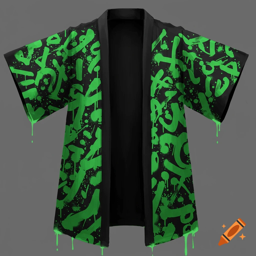 A black haori jacket covered in a vibrant green spray paint graffiti pattern with drips.