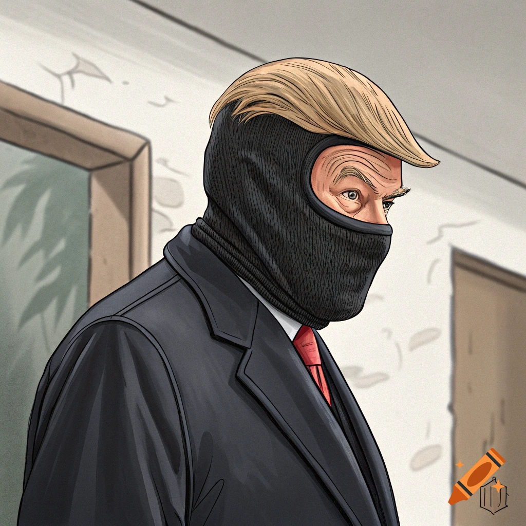 Illustration of a man resembling Donald Trump wearing a black ski mask, suit, and tie.