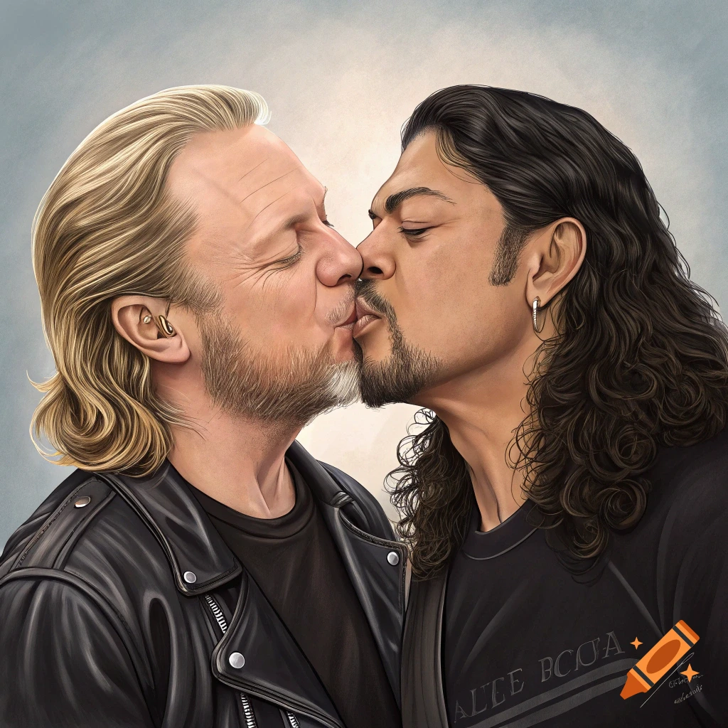Stylized illustration of Lars Ulrich and Robert Trujillo kissing
