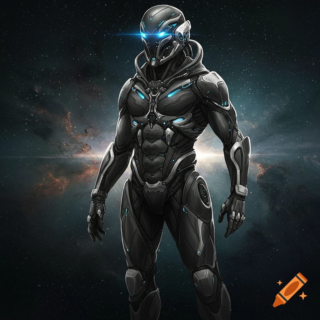 A futuristic suit of dark armor with blue lights stands against a starfield background.