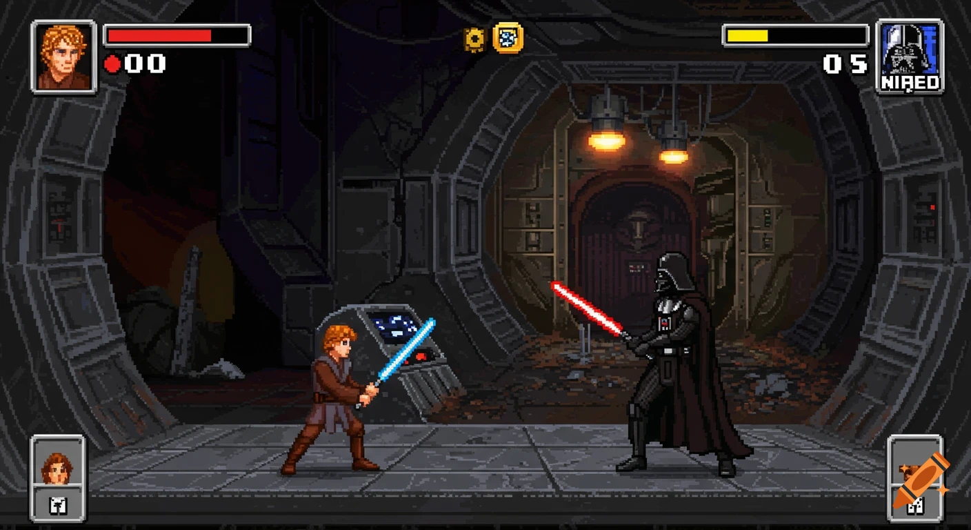 Pixel art screenshot of Anakin Skywalker fighting Darth Vader with lightsabers in a retro video game.