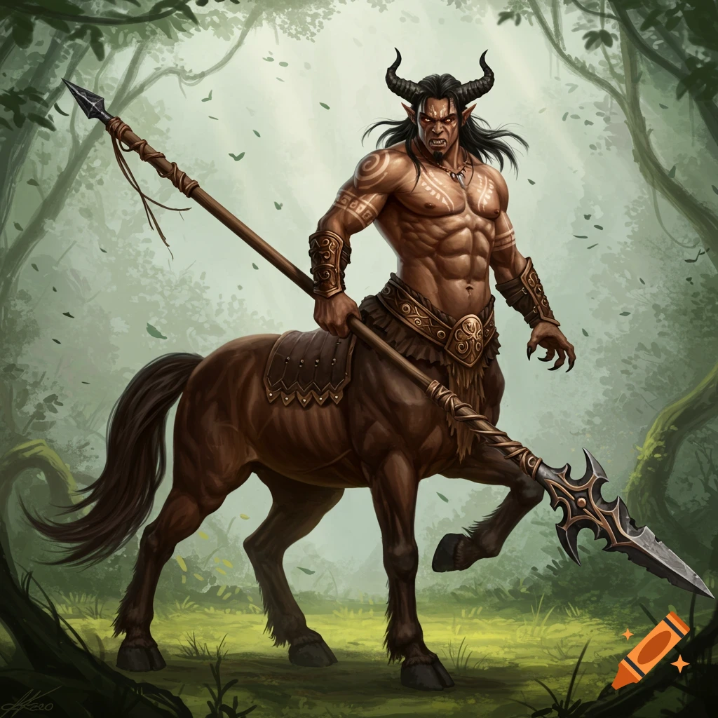 A muscular centaur warrior holding a spear in a forest