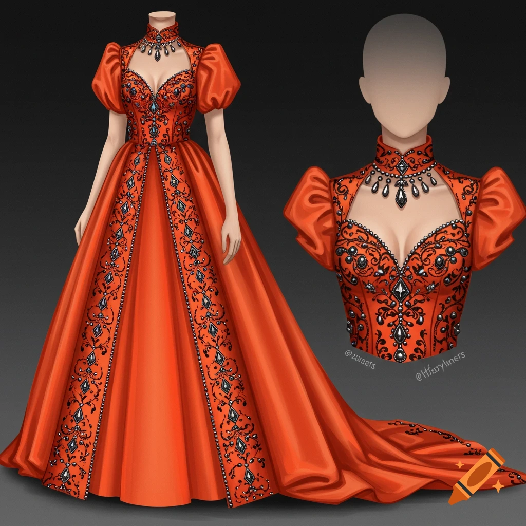 Detailed illustration of an ornate orange gown with black and diamond embroidery on a mannequin, with a close-up of the bodice.