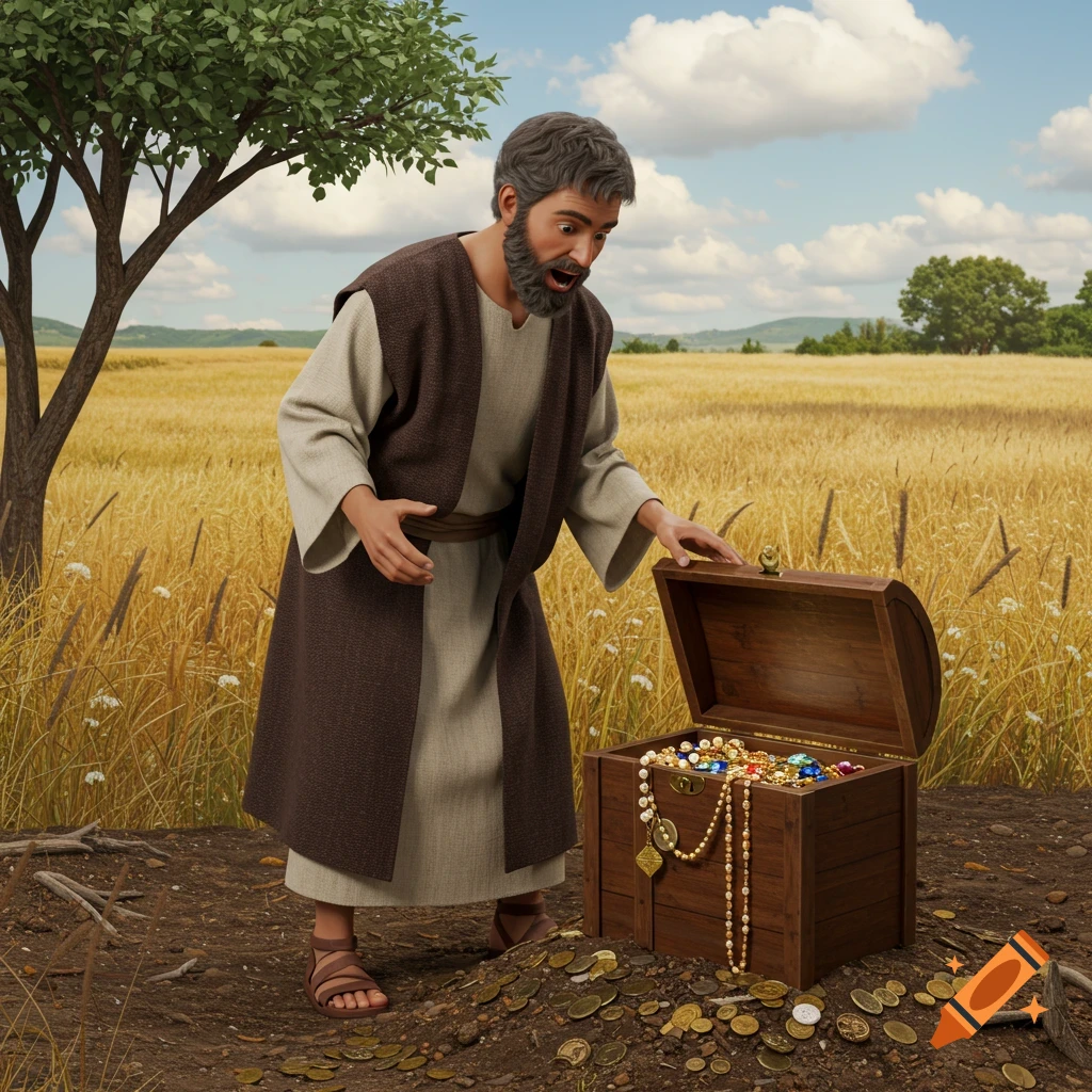 A man in ancient clothing opens a treasure chest filled with jewels and coins in a field.