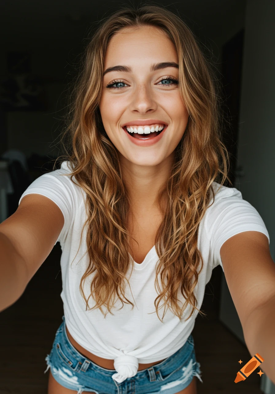 Selfie of a smiling woman with blonde hair and blue eyes wearing a white t-shirt and jean shorts