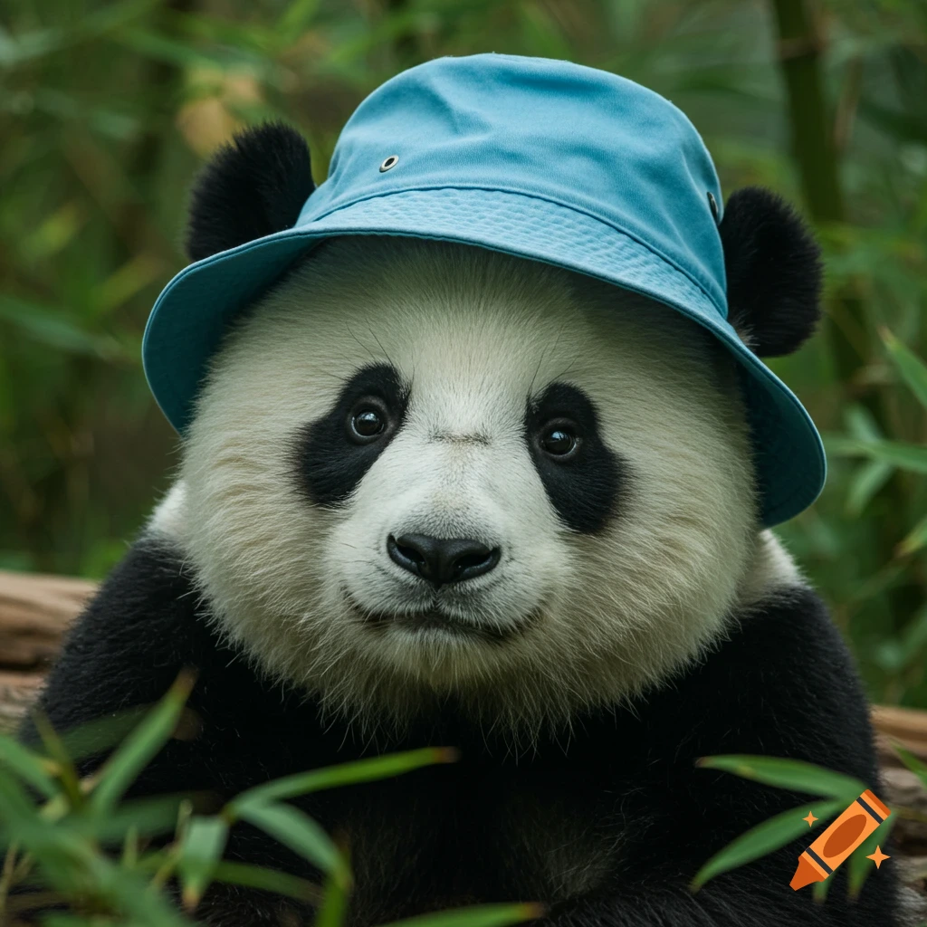 A panda wearing a blue bucket hat looks at the camera in a bamboo forest.