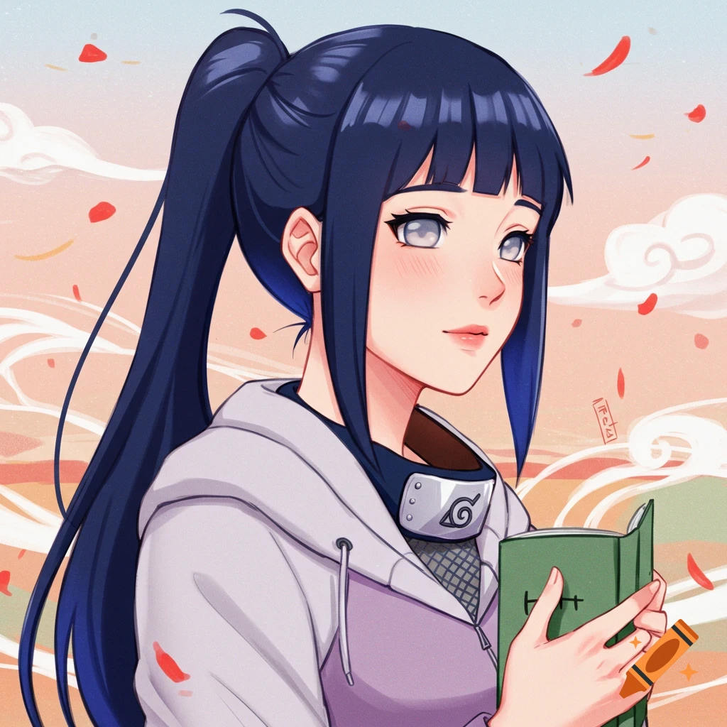 Anime character Hinata Hyuga holding a book under a cloudy sky with falling petals