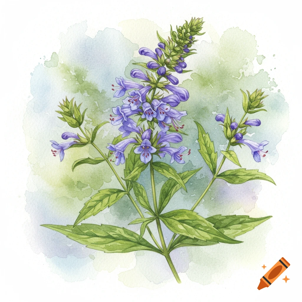 A watercolor painting of an American skullcap plant.