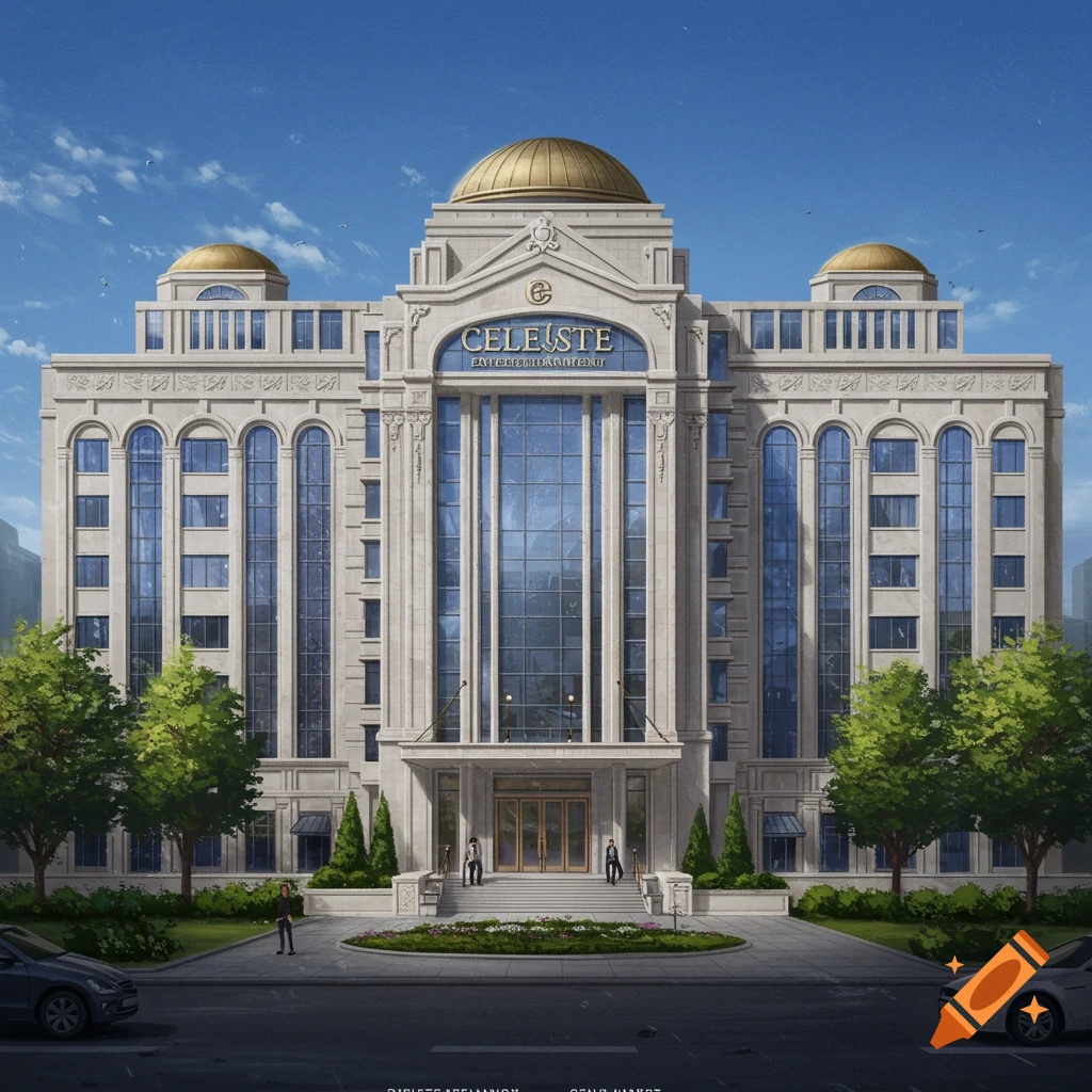 A large, ornate white building with gold domes and a glass facade, with people and cars outside.