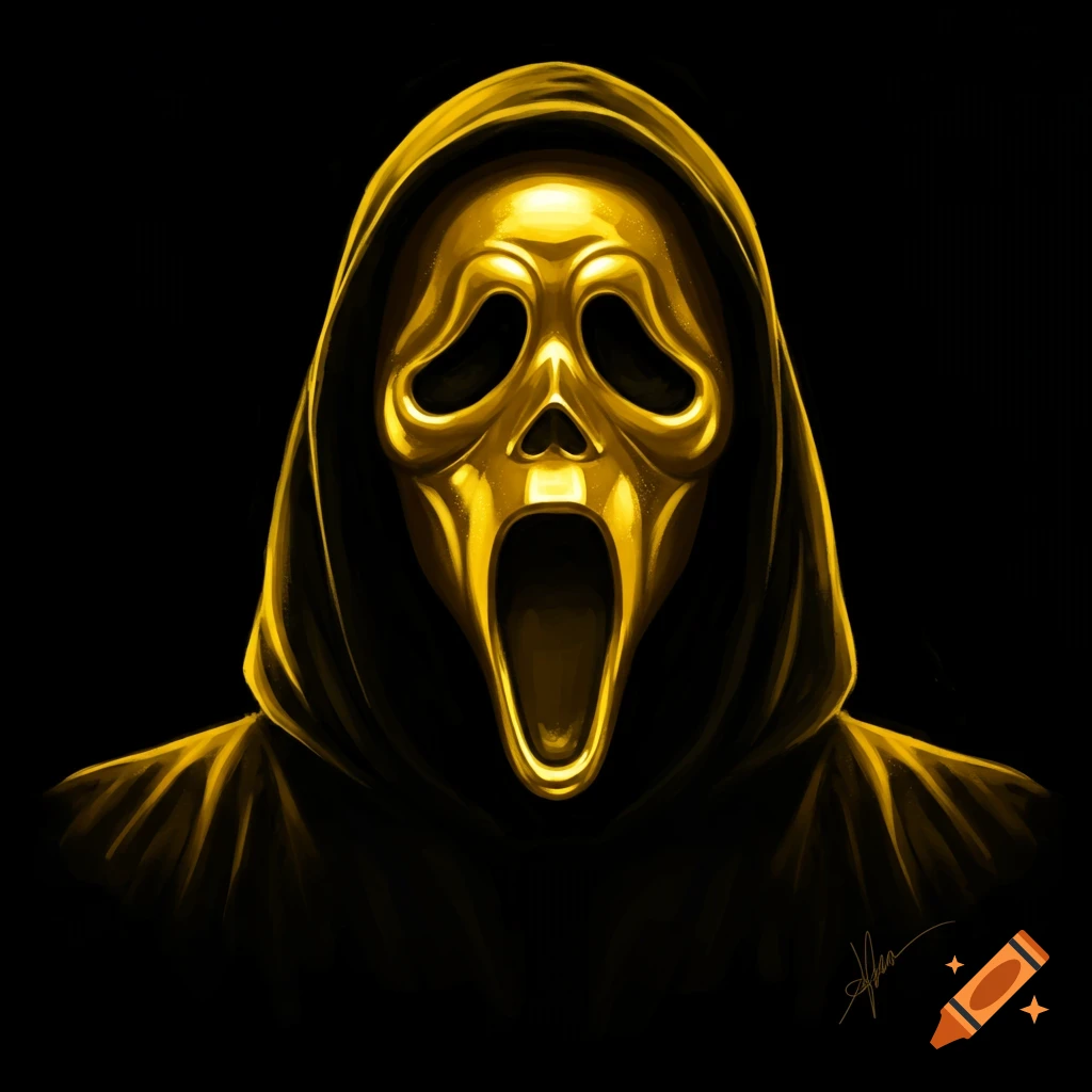 A golden Ghostface mask is centered on a black background.