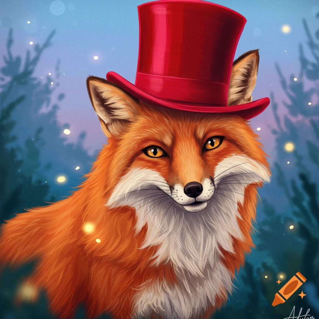 An orange fox wearing a red top hat in a forest.