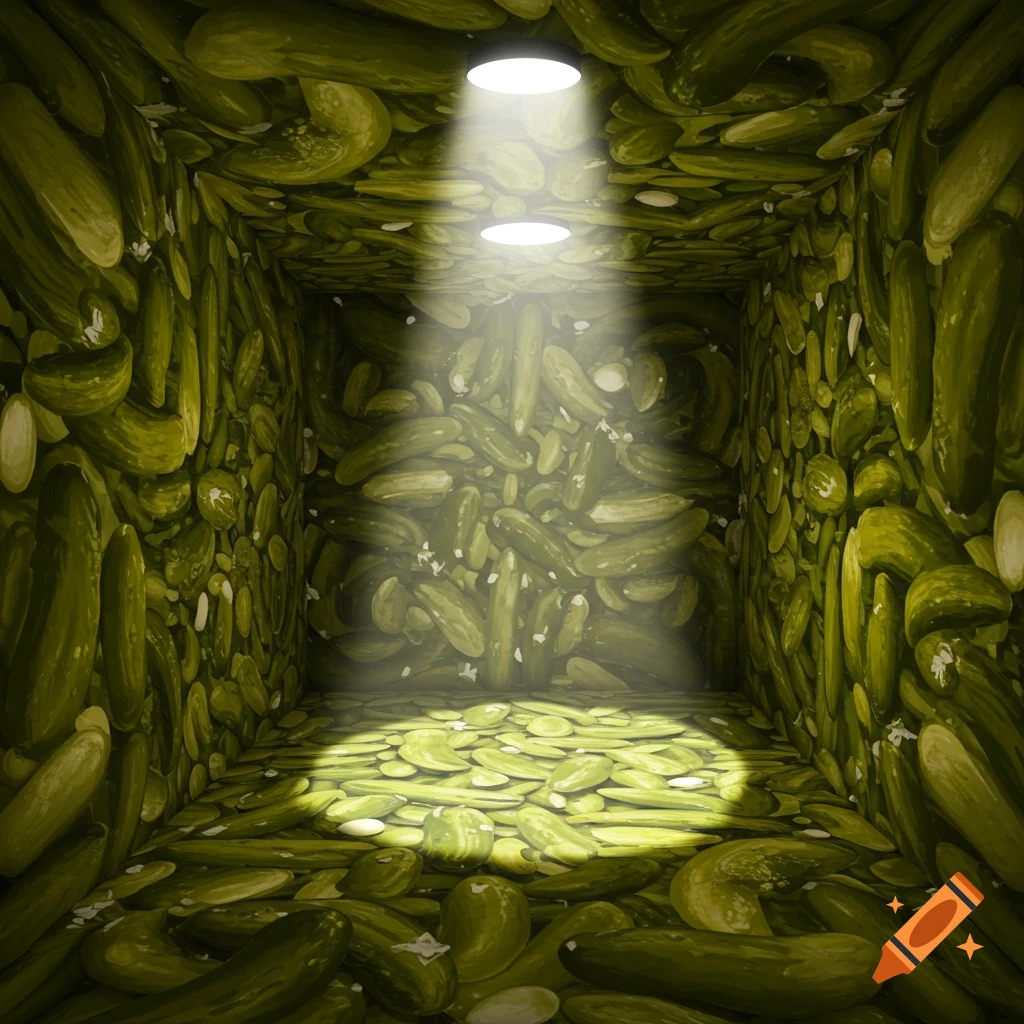 A room filled with pickles, lit by spotlights.