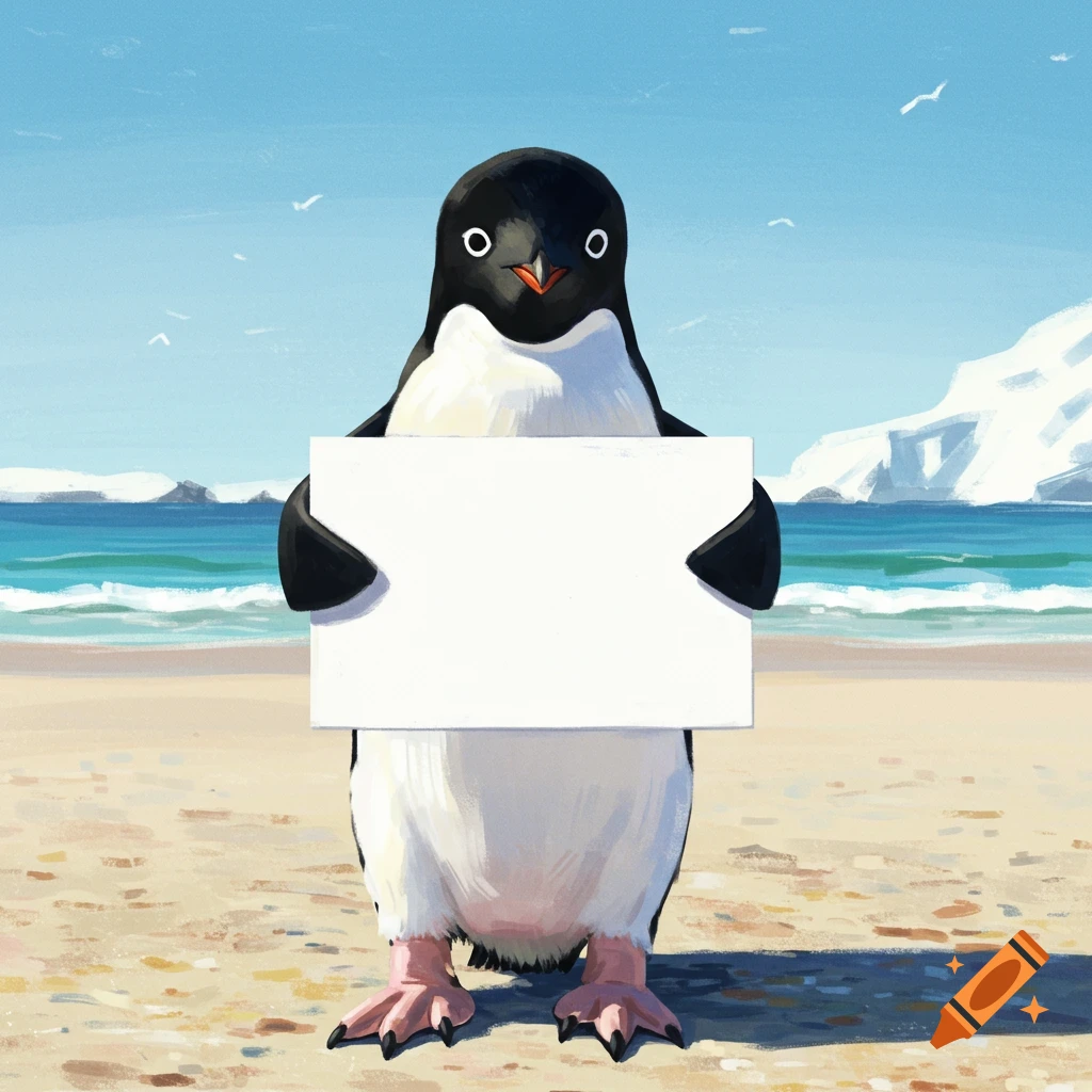 A penguin holding a blank sign on a sunny beach.