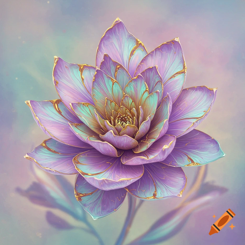A colorful, stylized flower with gold outlines on a soft background.