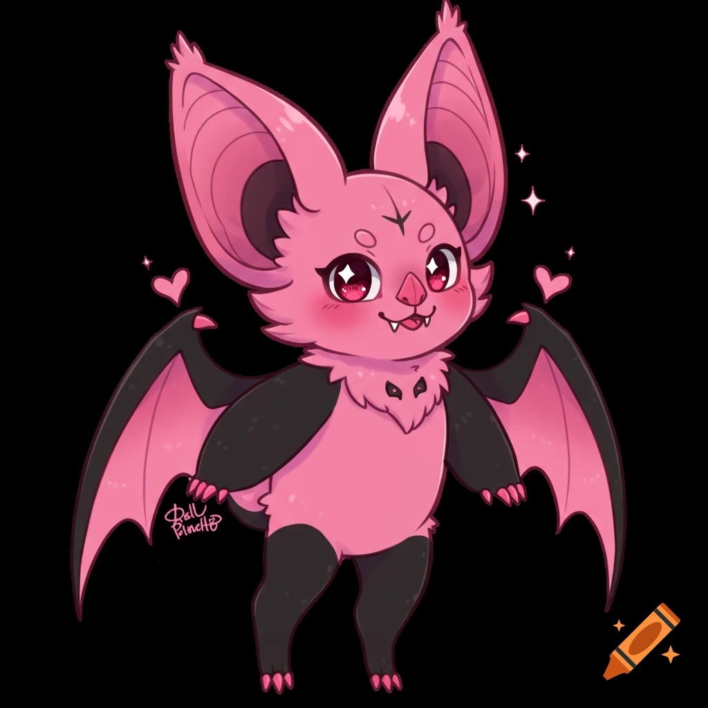 A cute pink and black cartoon bat character stands on a black background, surrounded by hearts and sparkles.