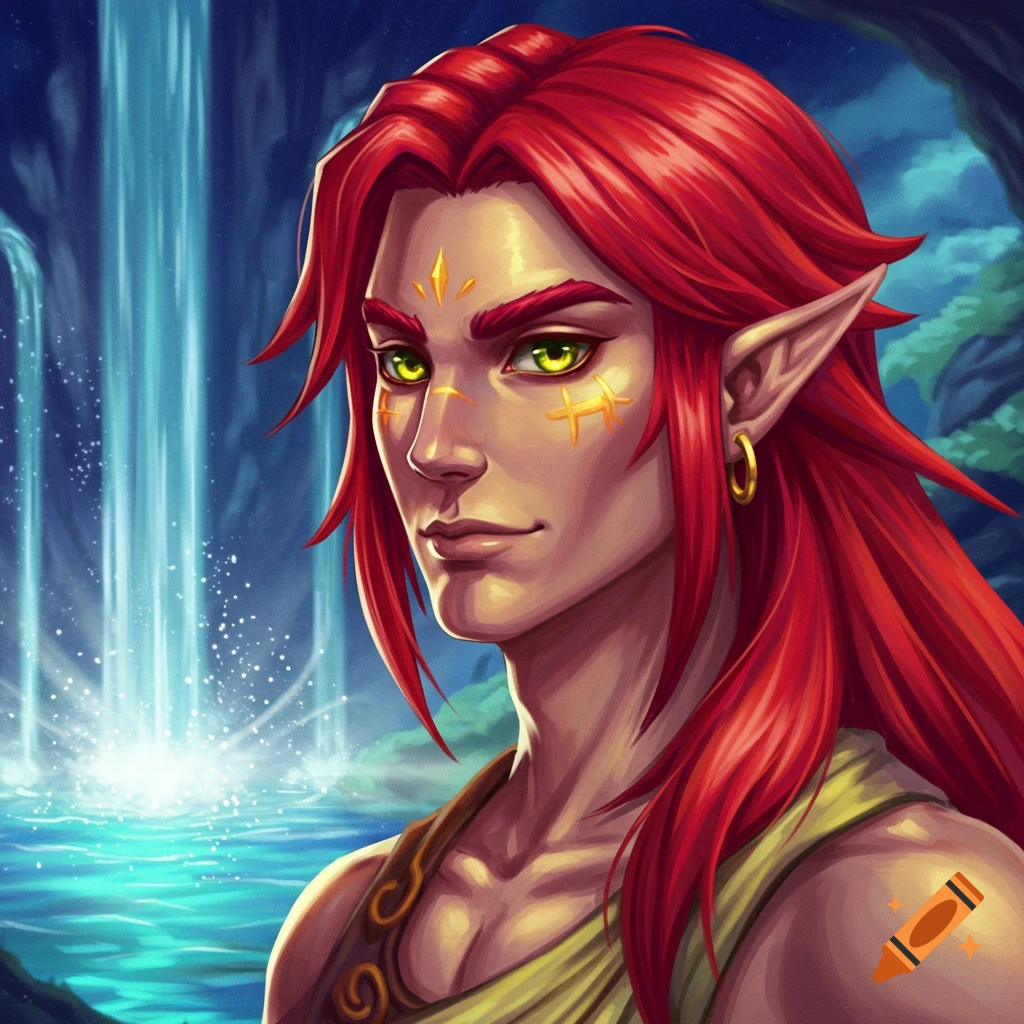 A fantasy male character with long red hair and green eyes standing by a waterfall.