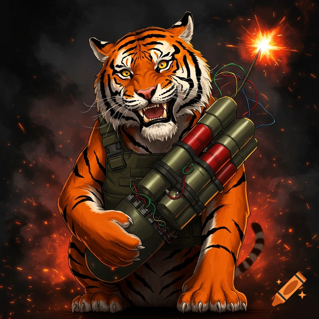 A tiger in tactical gear holds lit dynamite with a fiery background.