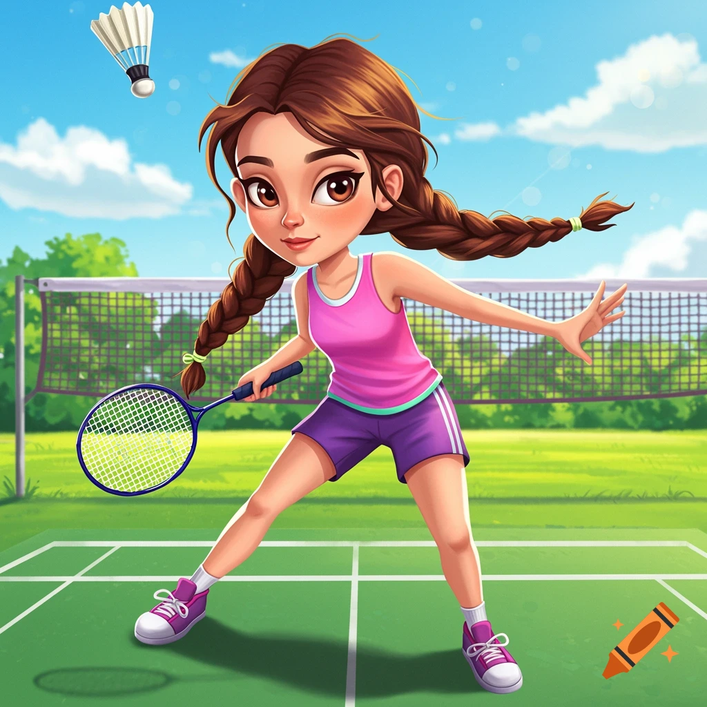 Cartoon girl playing badminton on a sunny court