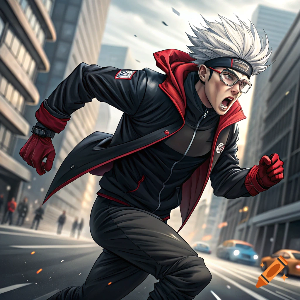 Anime person with white spiky hair and glasses running through a city street