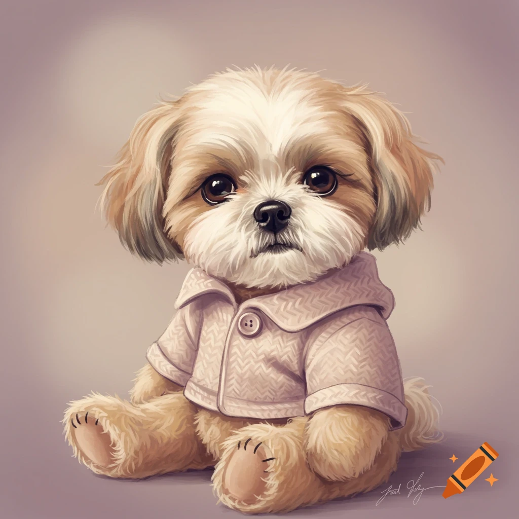 A cute Shih Tzu puppy teddy bear wearing a pink sweater, sitting.