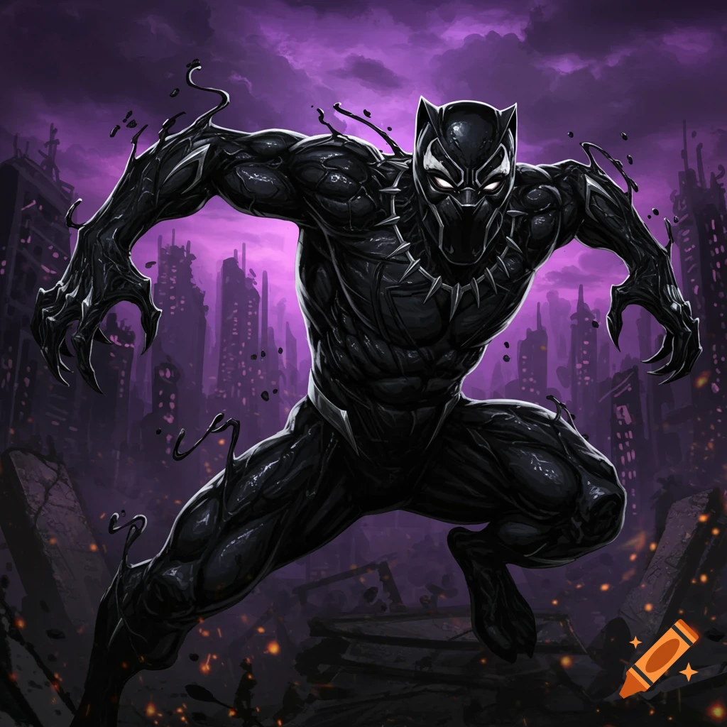 Symbiote Black Panther lunging in a ruined city under a purple sky.