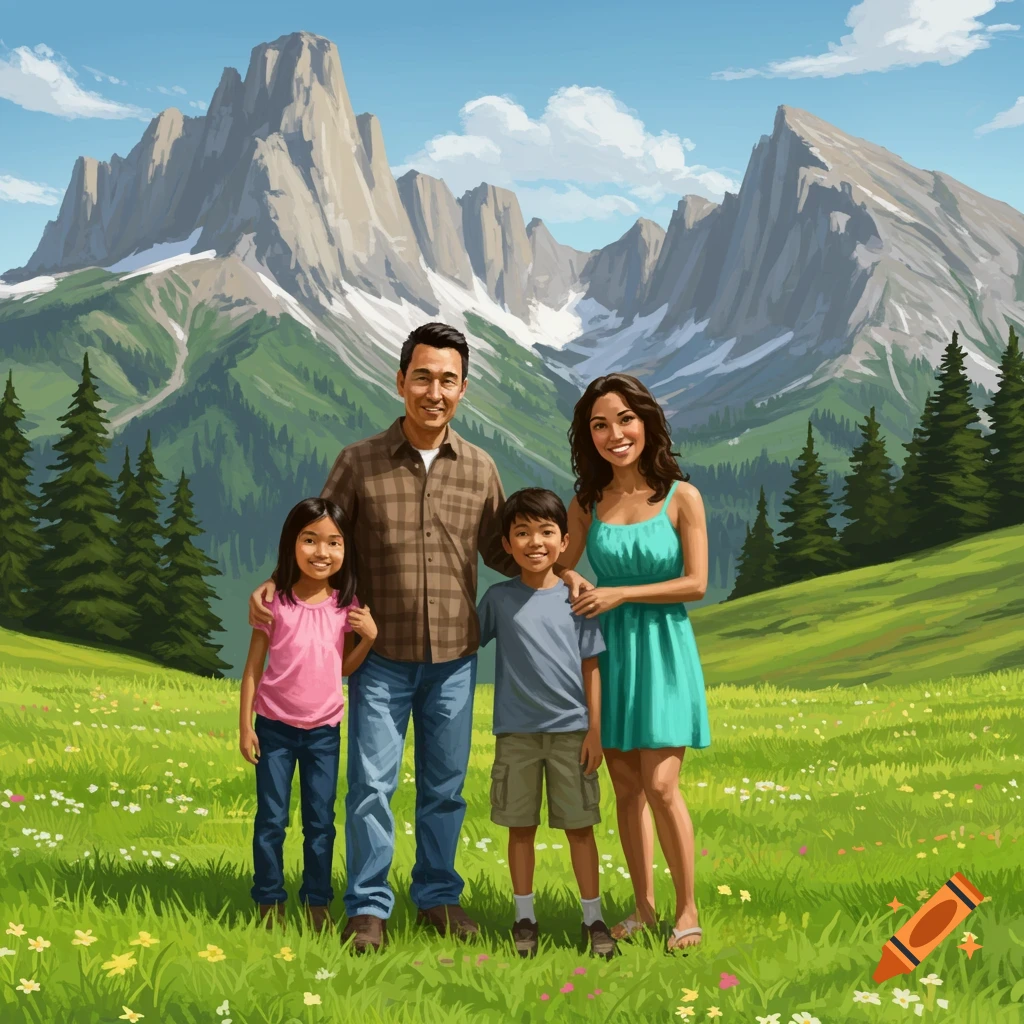 A family of four standing in a flower meadow with mountains in the background.