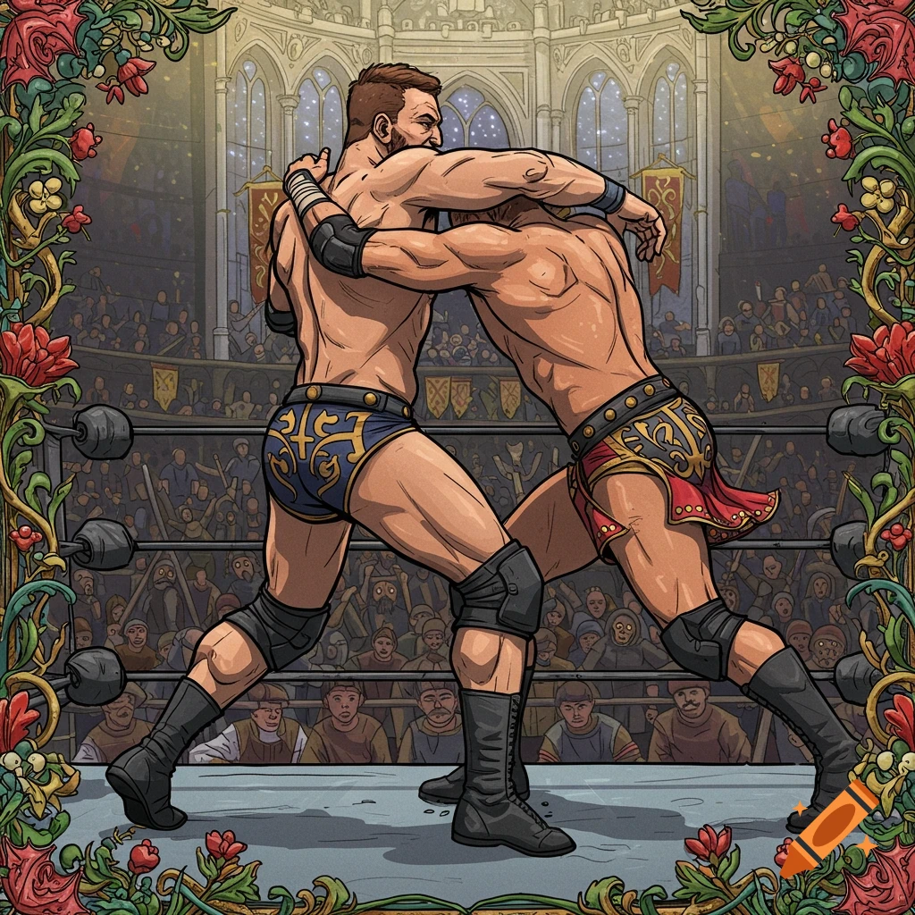 Two wrestlers grappling in a ring, drawn in the style of a medieval illuminated manuscript.