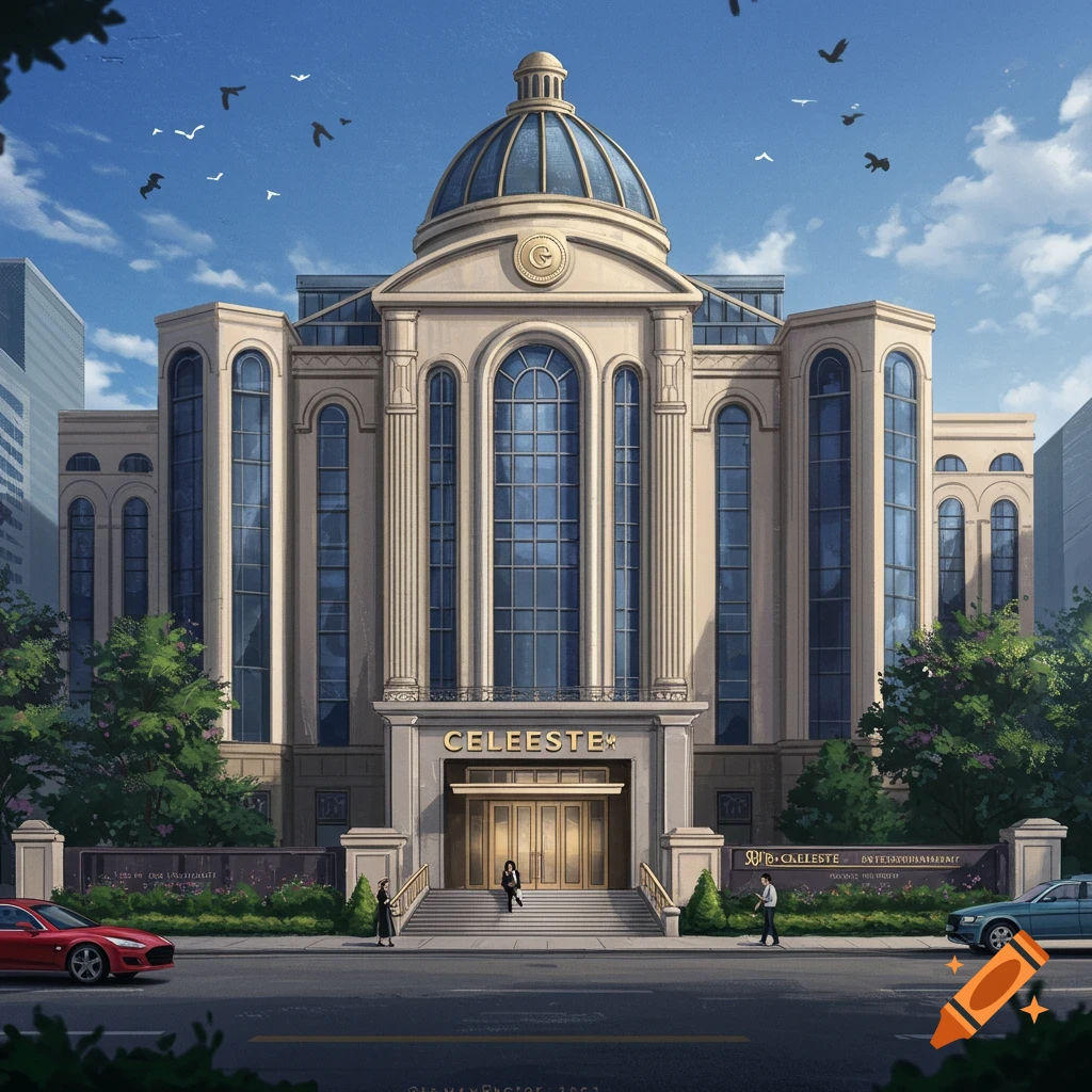 An elaborate building for Celeste Entertainment is on a city street with people and cars.