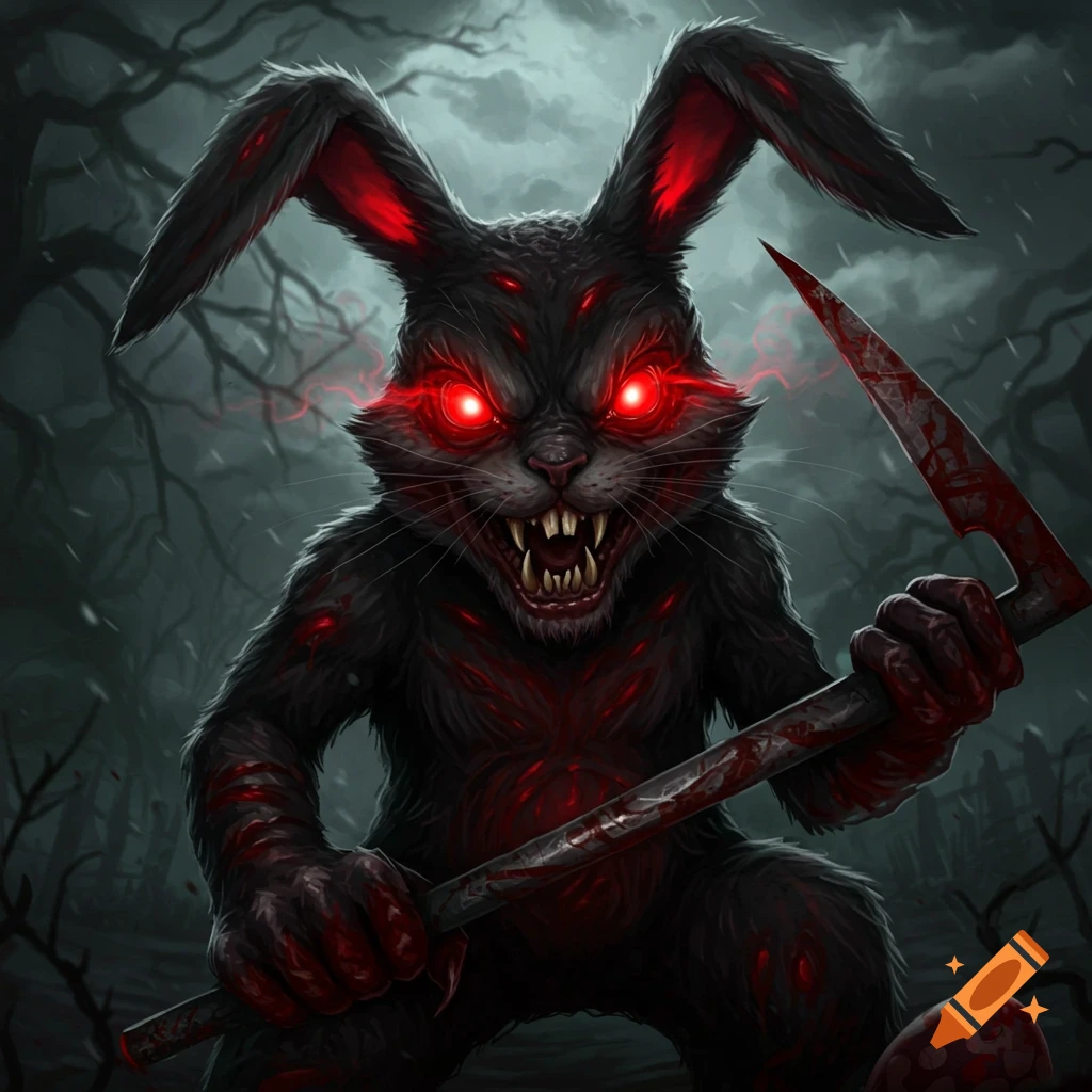 A monstrous black rabbit with glowing red eyes, fangs, and bloodstains, holding a bloody scythe in a dark forest.