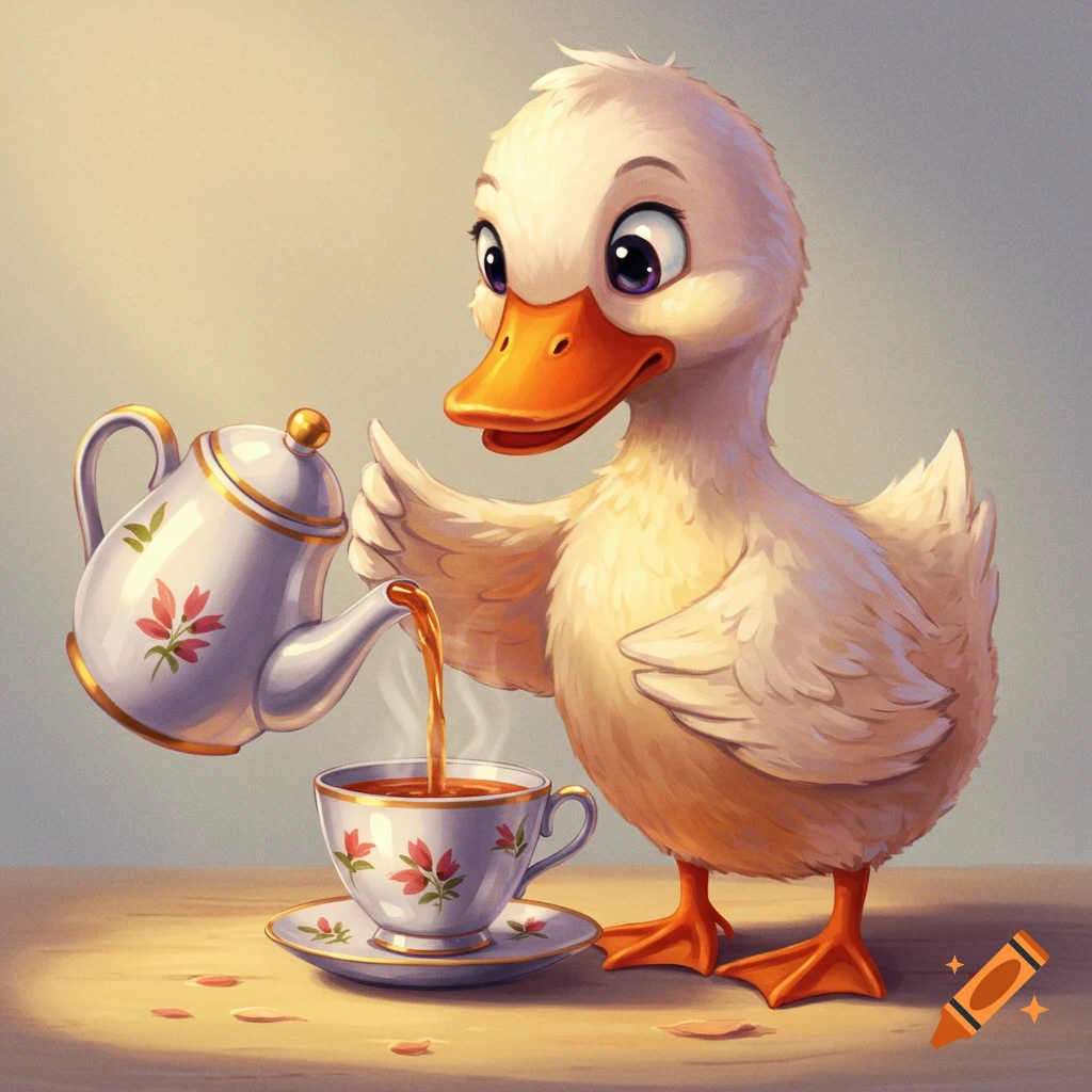 A cute cartoon duck pouring tea into a teacup from a white and gold teapot.