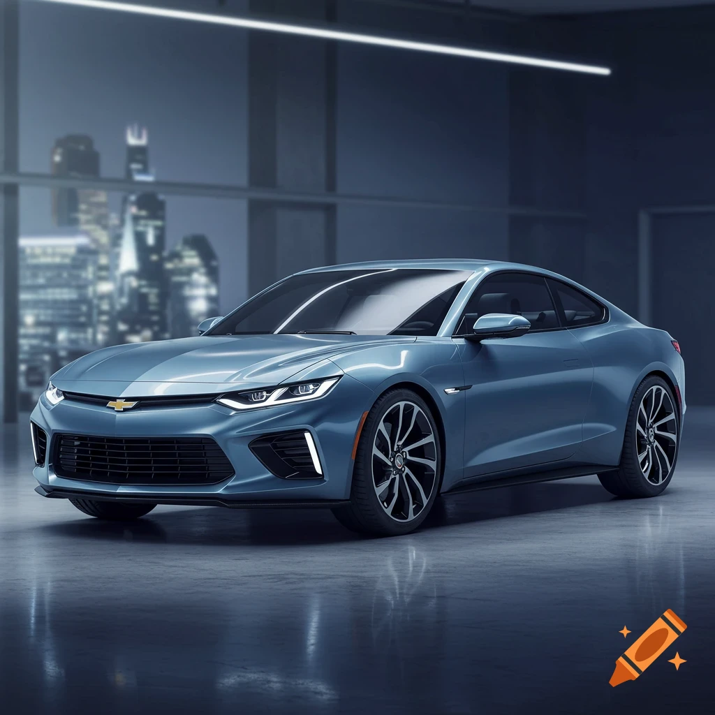 Photorealistic image of a blue concept sports car parked indoors with a city skyline background.