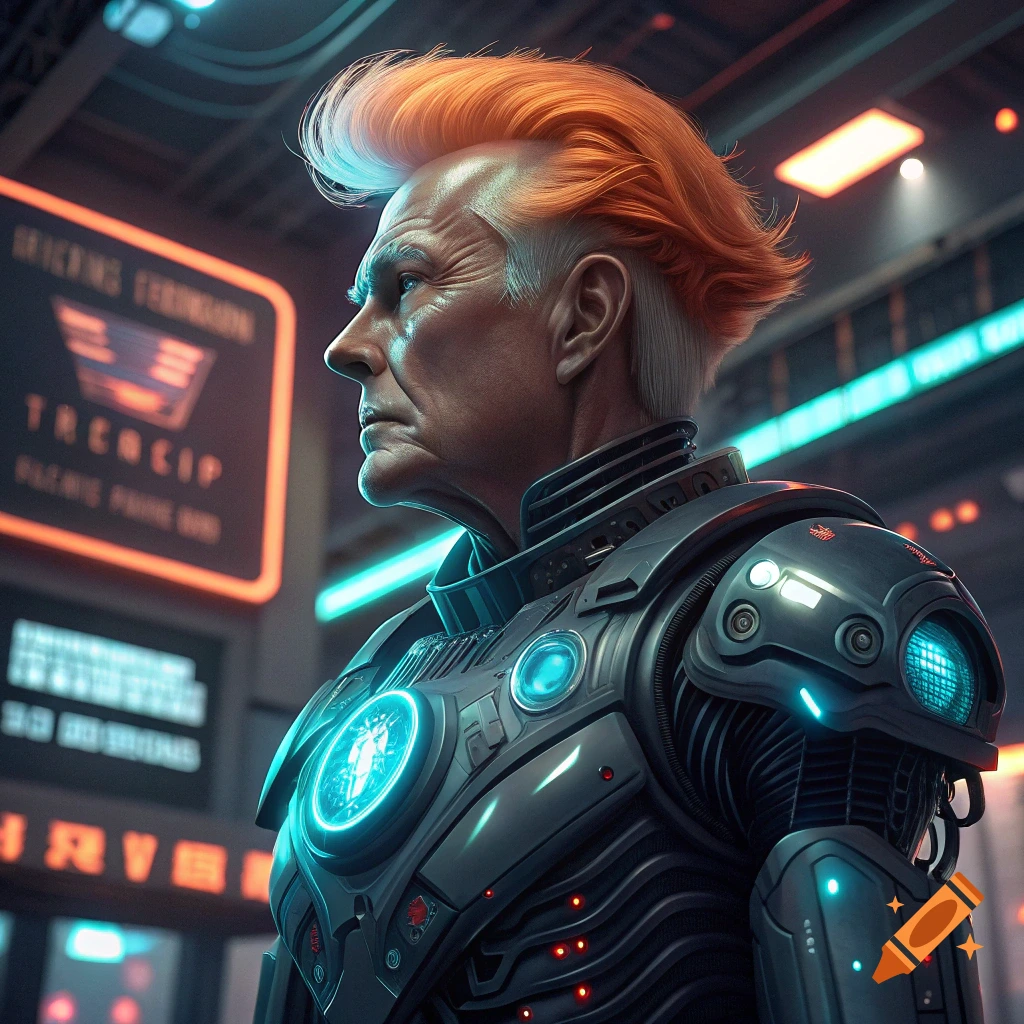 Portrait of a man with bright orange hair wearing a futuristic cybernetic suit in a sci-fi setting with neon lights.