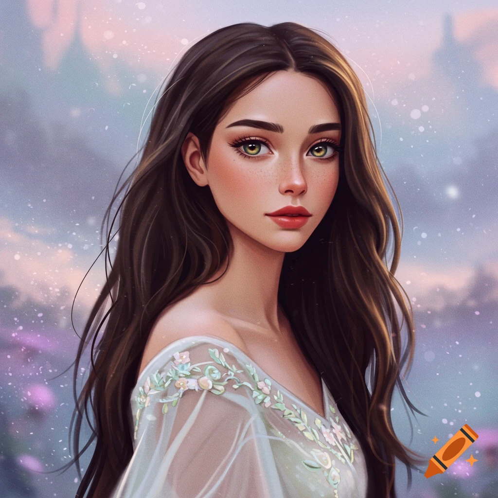 A young woman with brown hair, green eyes, and freckles, wearing a floral dress, with a fantasy background.