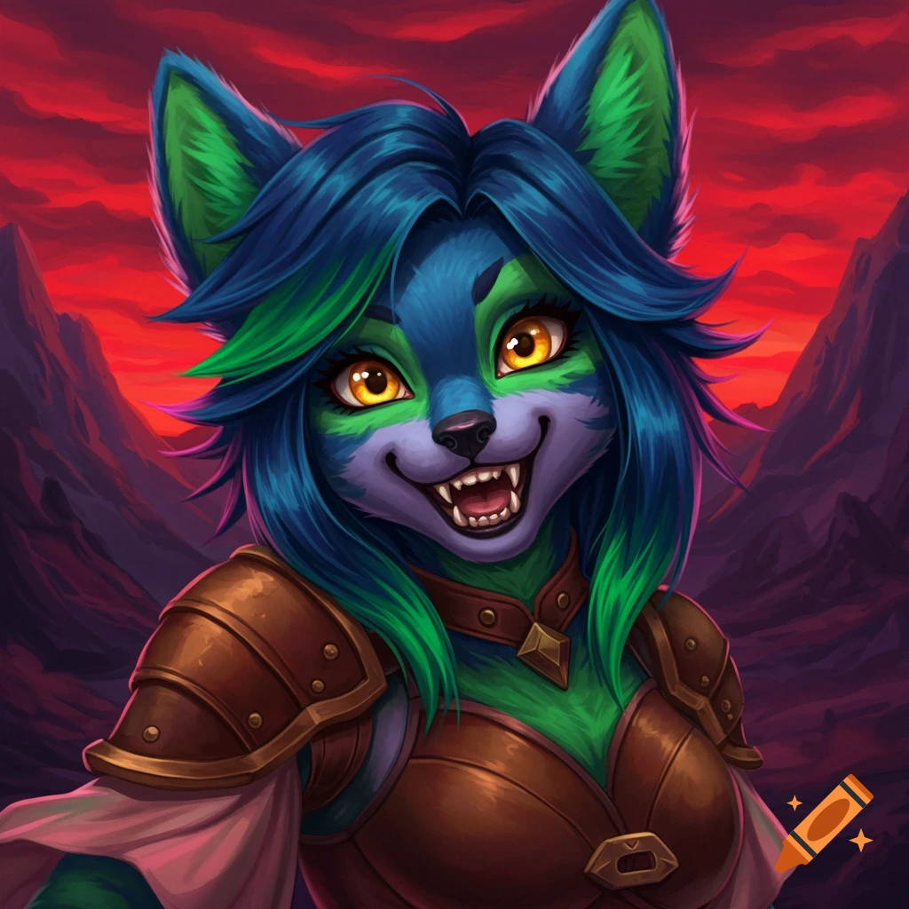 Vibrant illustration of a furry character with blue and green fur, golden eyes, and fangs, wearing leather armor against a red sky.