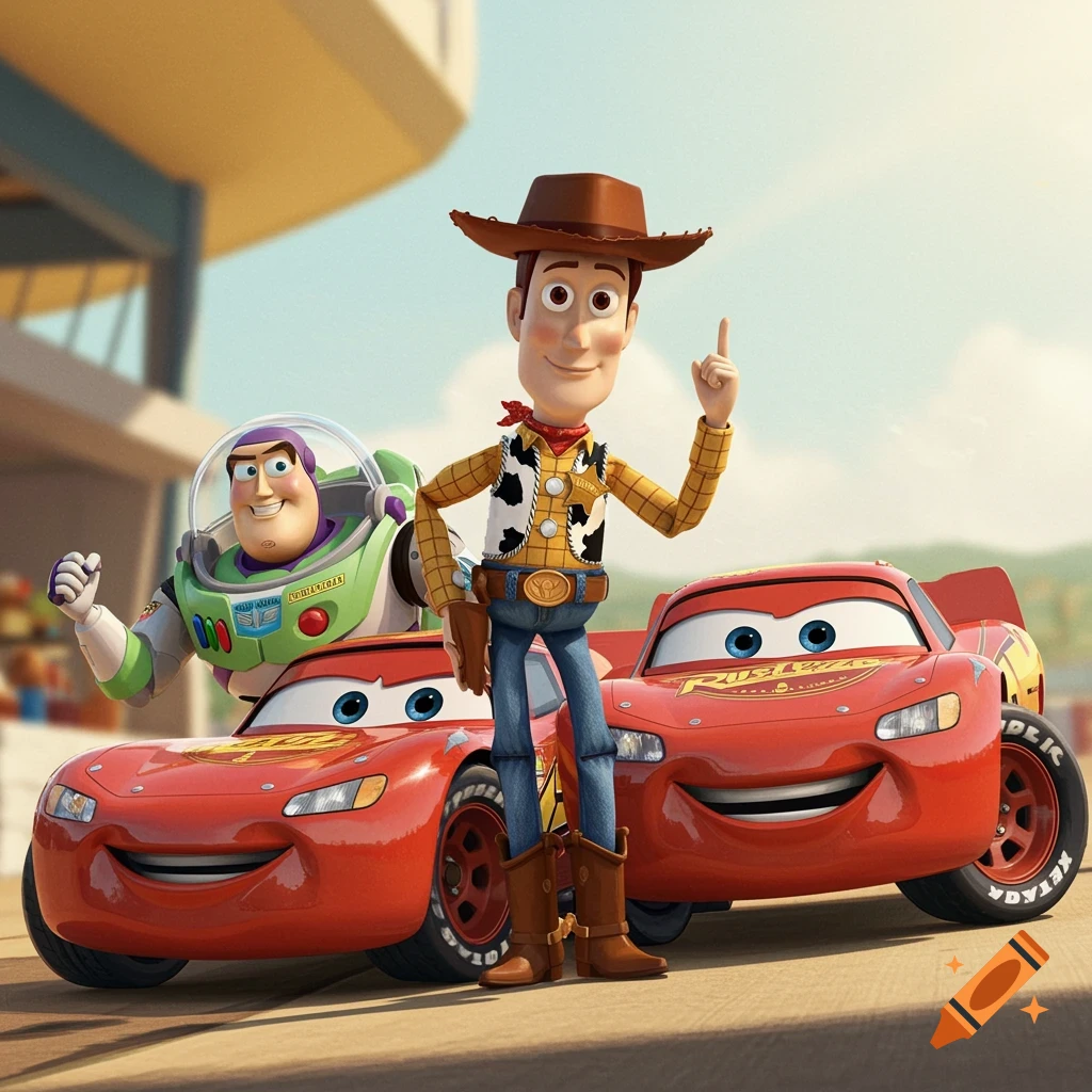 Woody, Buzz Lightyear, and two Lightning McQueen cars in a vibrant cartoon style.