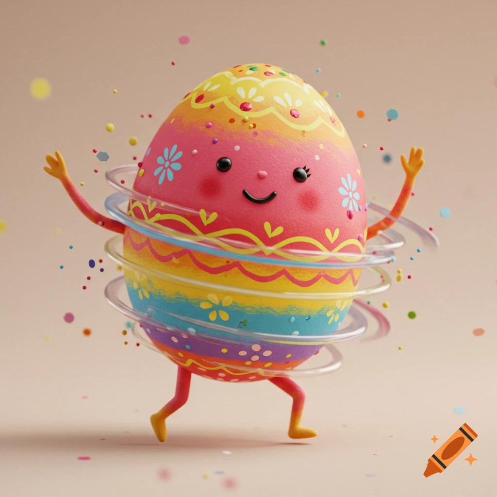 A happy, brightly colored Easter egg character with arms and legs dances among confetti.