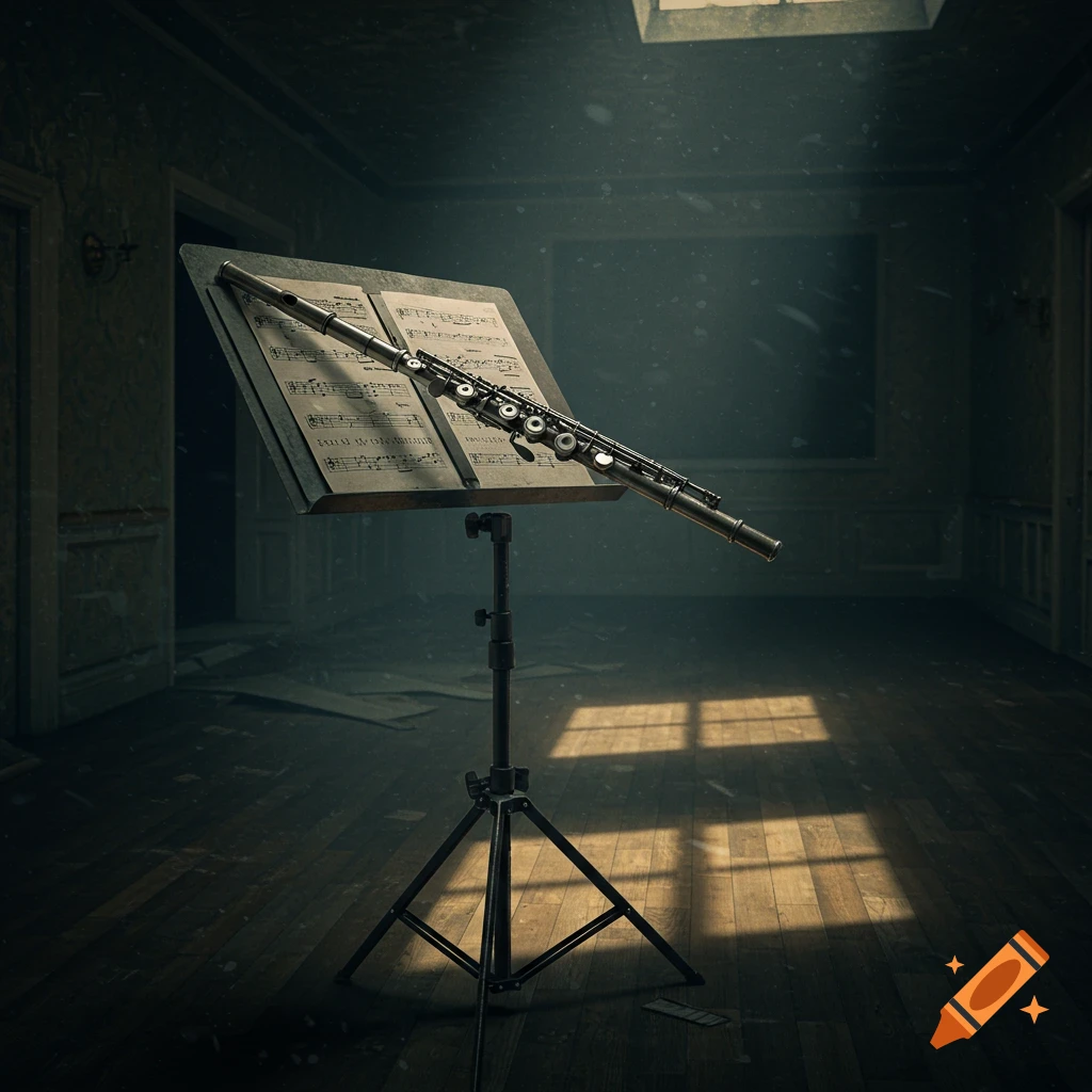 A flute on a music stand in a dusty, sunlit abandoned room.