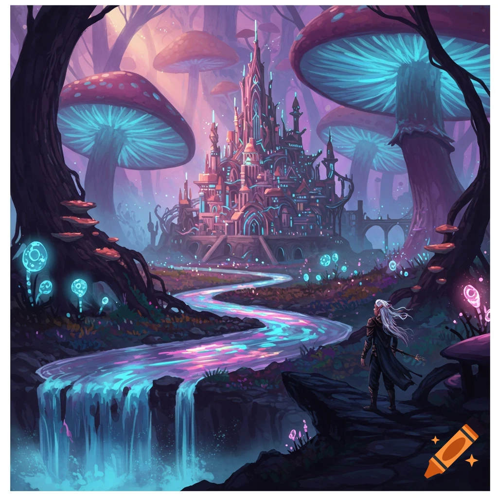 A fantasy castle stands nestled within a mushroom forest, beside a river that glows with an ethereal light. A lone figure is gazing at the scene.