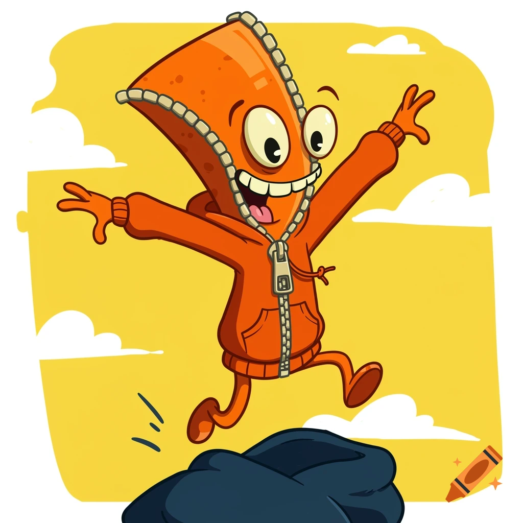 Cartoon zipper character jumping excitedly in a bright yellow sky.