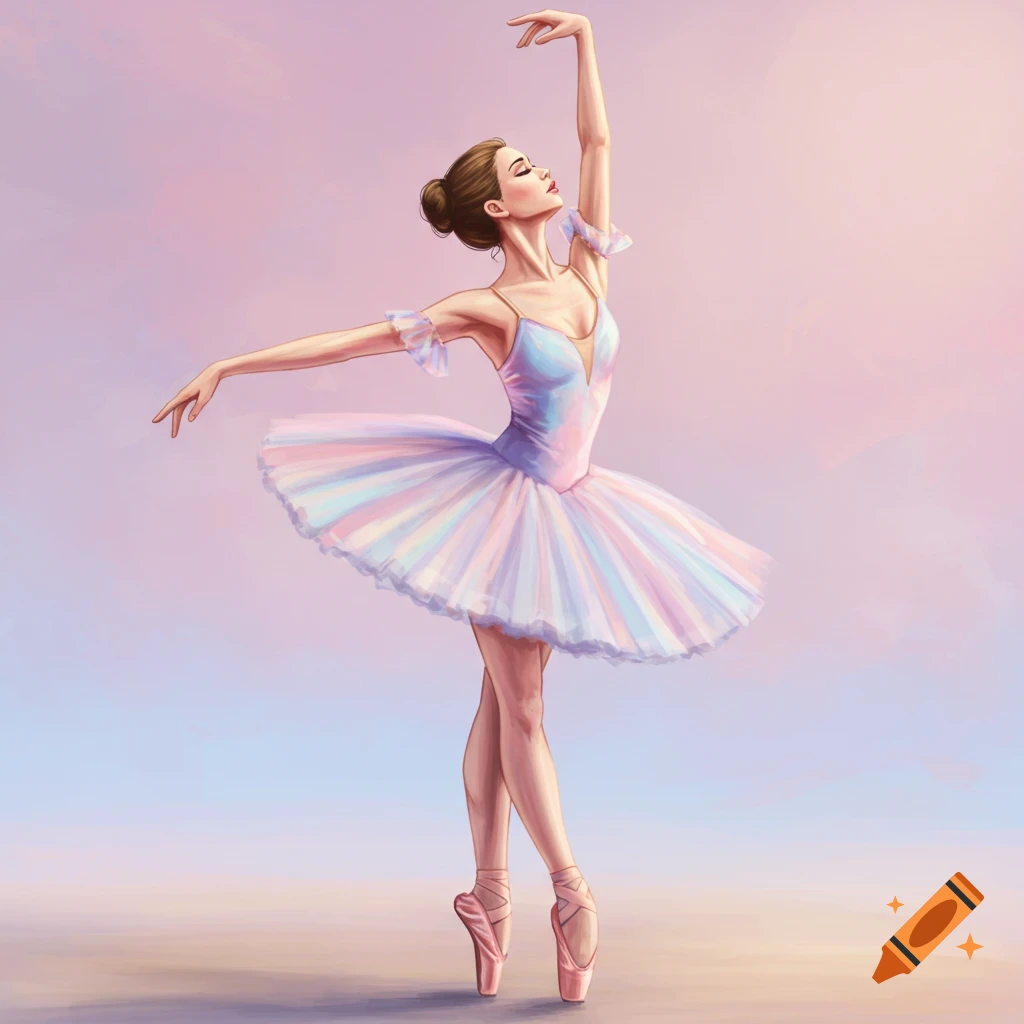 A ballerina in a pastel tutu is dancing on pointe against a soft sky background.