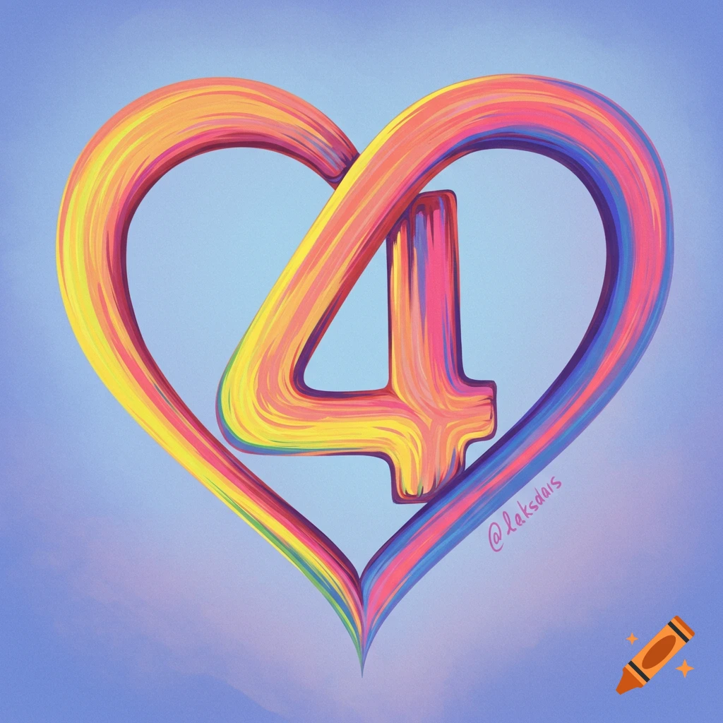 Colorful brushstroke number 4 intertwined with a heart against a blue background