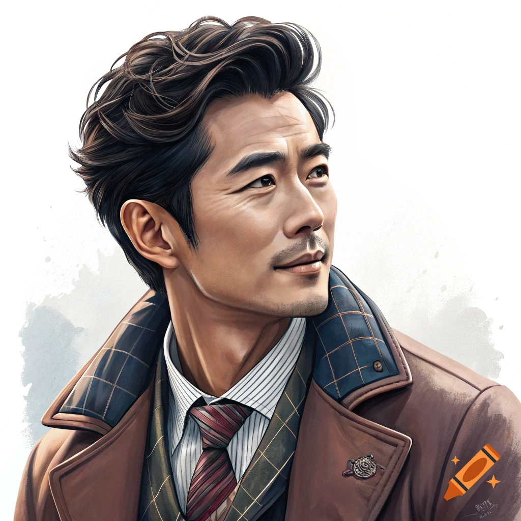 Illustration of a man in a brown coat and tie, looking pensively to the side.