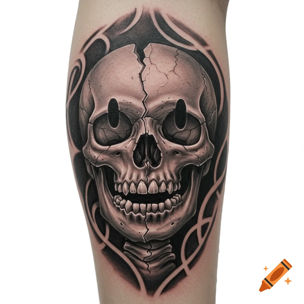Tattoo of a cracked skull with smiley eyes in a tribal frame.