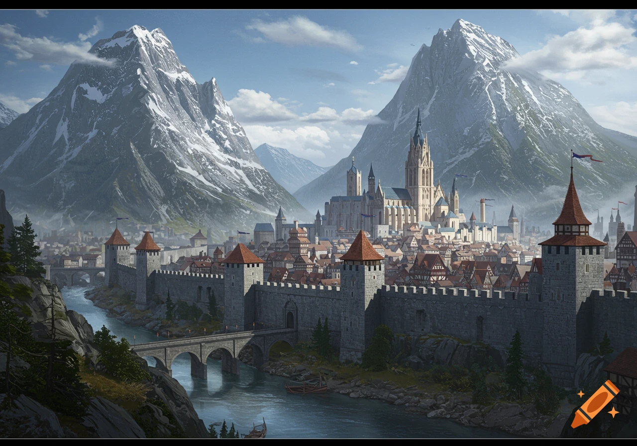 A walled city nestled in a valley between two snowy mountains.